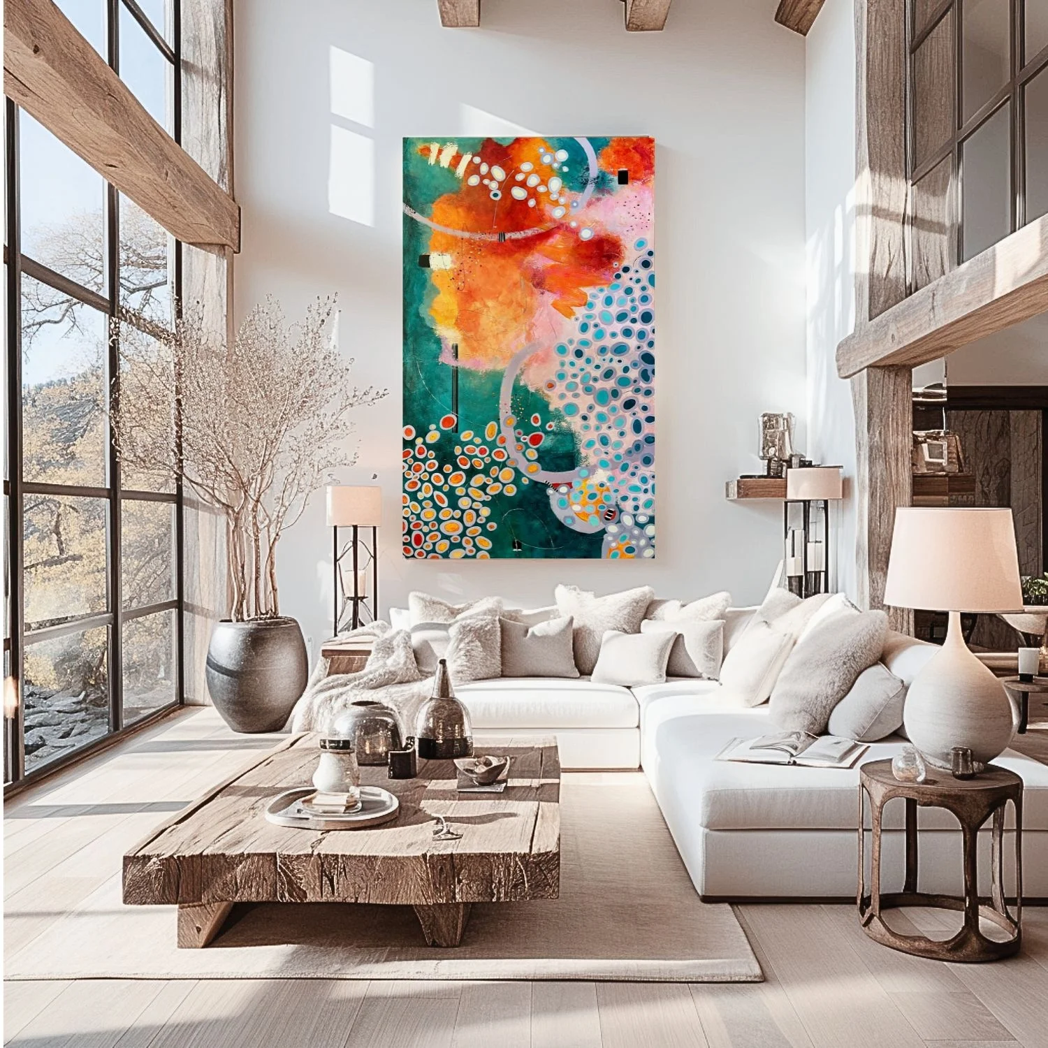 Abstract artwork Kaleidoscope in a luxury living room with huge windows