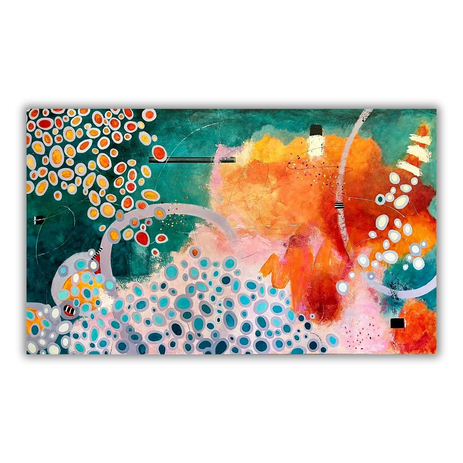 Abstract artwork Kaleidoscope with greens and oranges and oval shapes