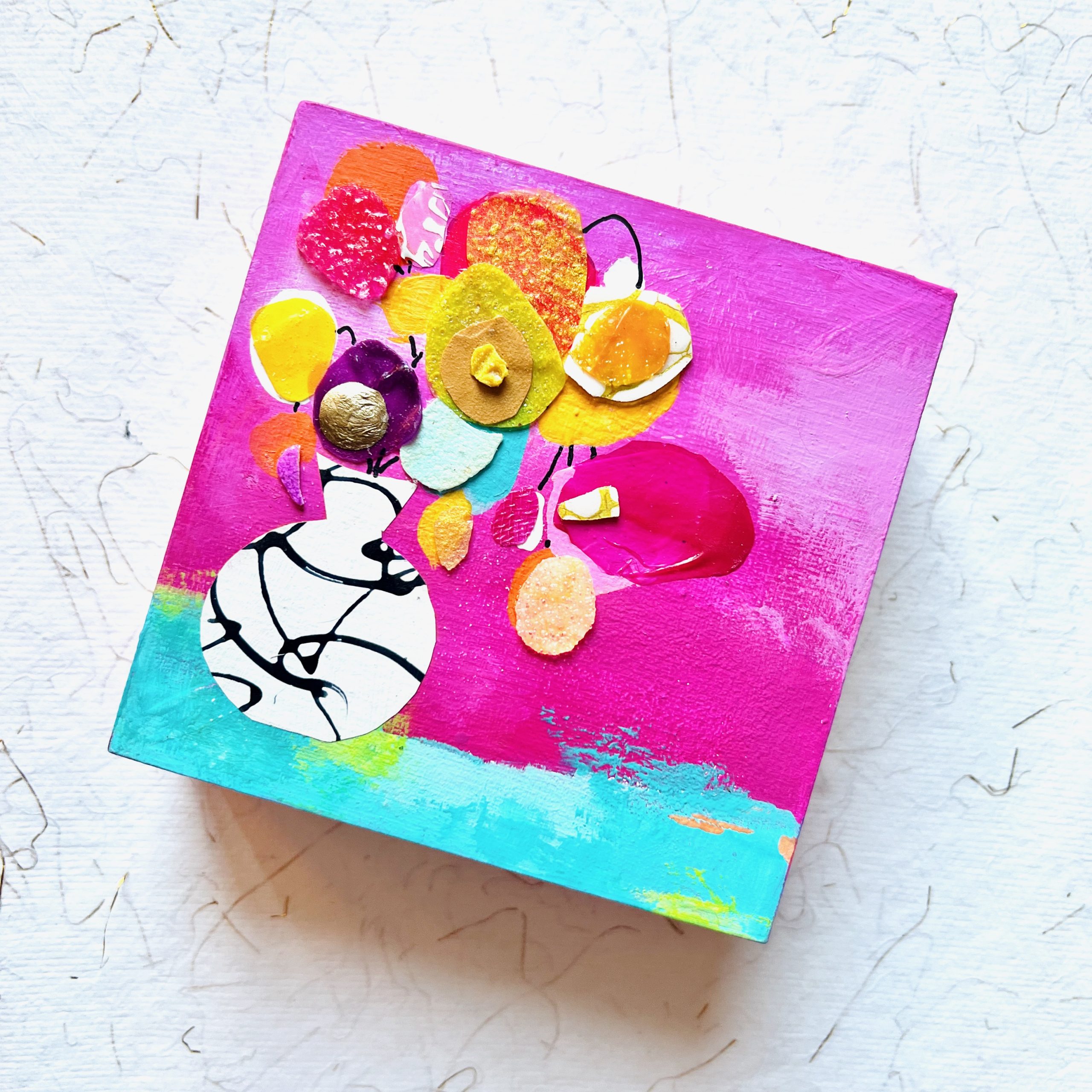 mini abstract painting pink with layers on wood panel