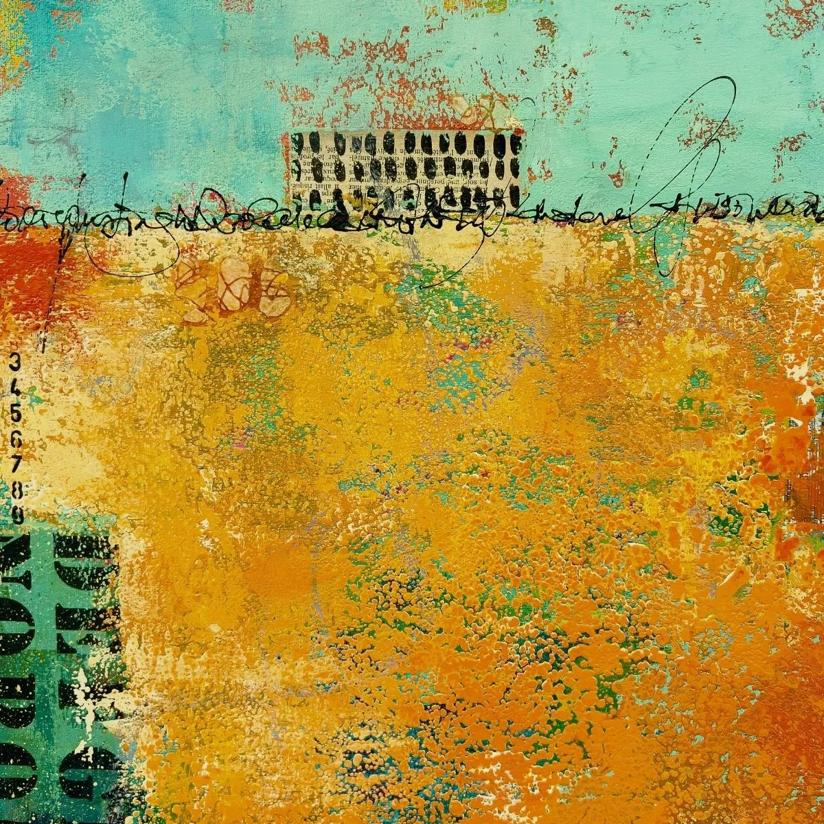 détail de la peinture abstraite "Empreinte" montrant l'écriture, les marques, la texture