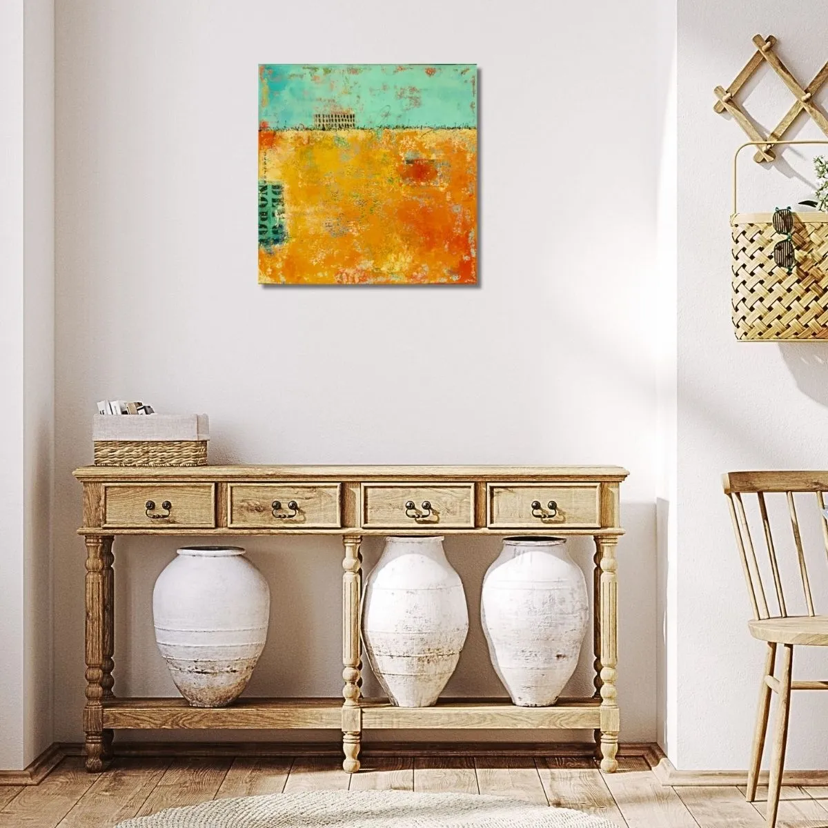 abstract painting "Imprint" by Isa Dor, suggesting urban exploration in a bright interior