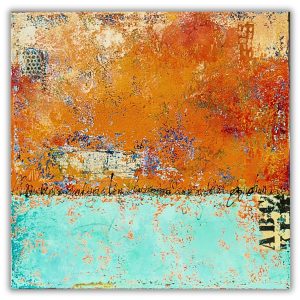 contemporary abstract painting From Scratch by Isa Dor horizontal open spaces teal and orange with letters