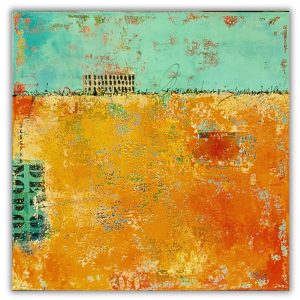 contemporary abstract painting Imprint by Isa Dor horizontal spaces writing orange teal