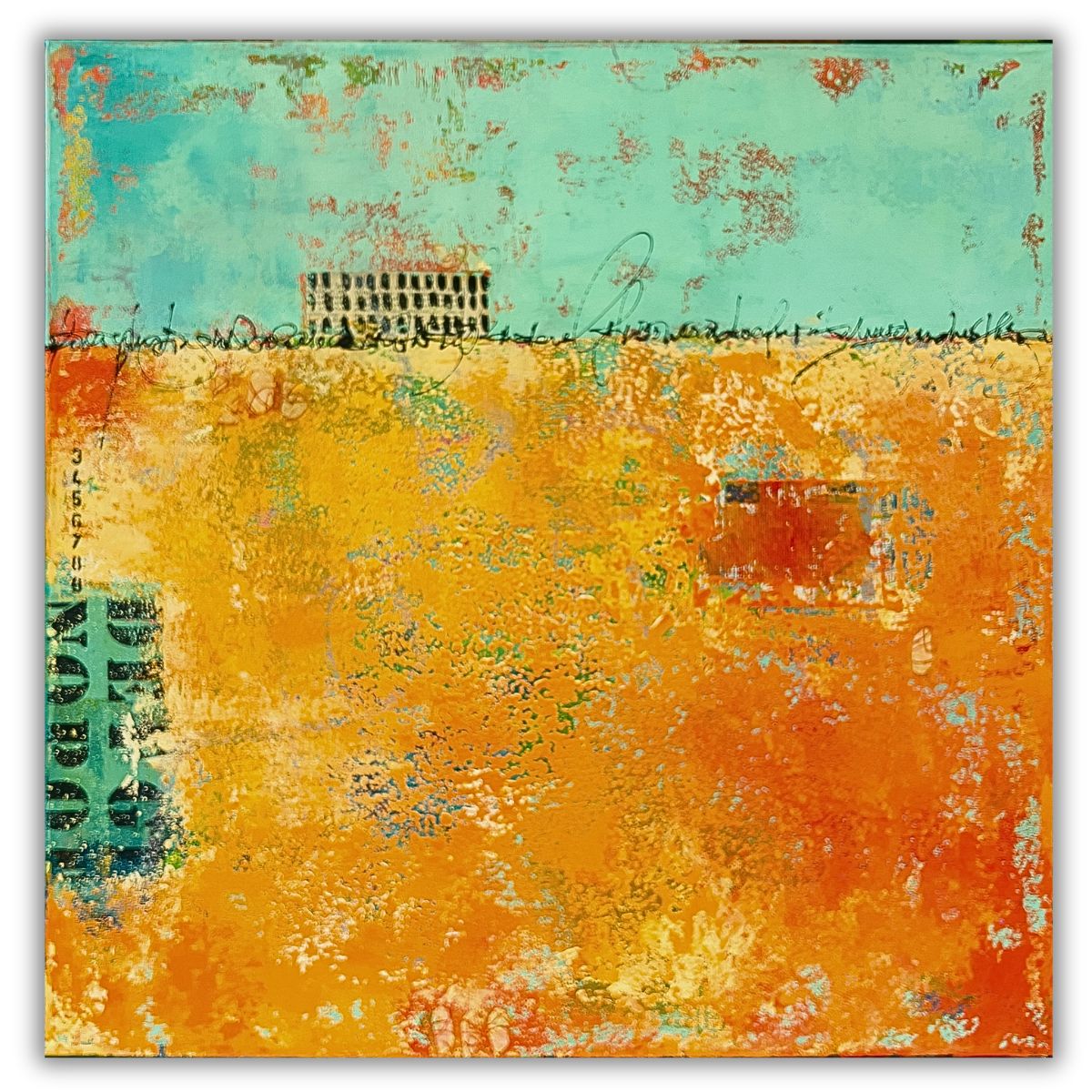 contemporary abstract painting Imprint by Isa Dor horizontal spaces writing orange teal