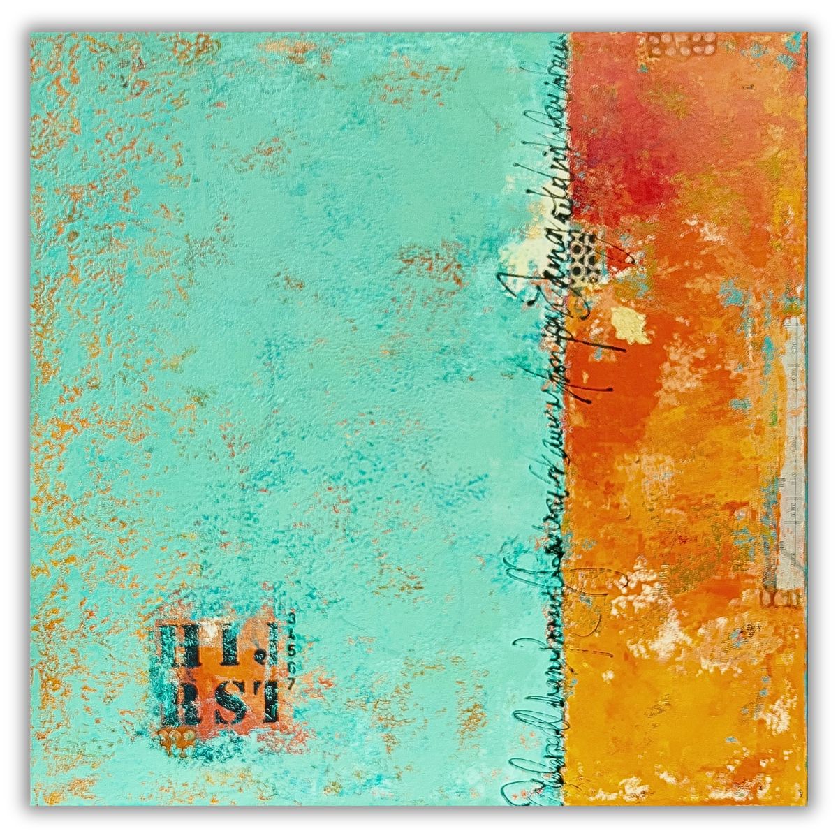contemporary abstract painting Interstice by Isa Dor, vertical writing orange and teal