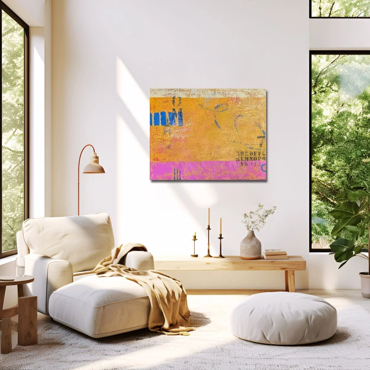Abstract painting 'Overlay' by Isa Dor displayed in a cosy snug setting