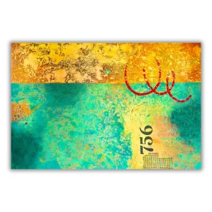 abstract painting "Insistence" by Isa Dor, horizontal composition turquoise and muted orange