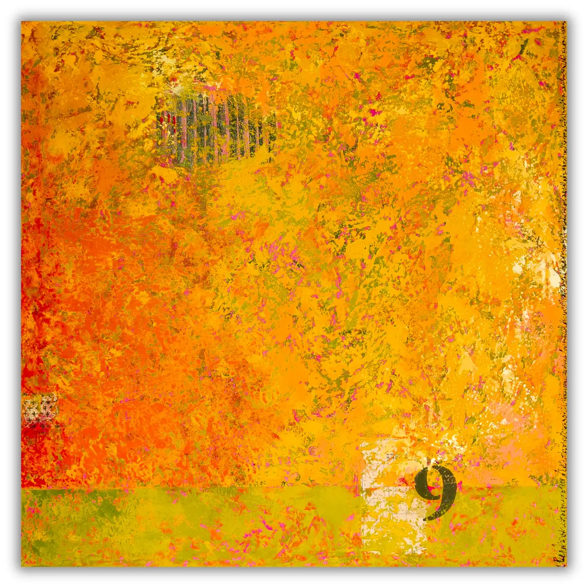 abstract painting "Ripening" by Isa Dor, warm horizontal composition with a number nine