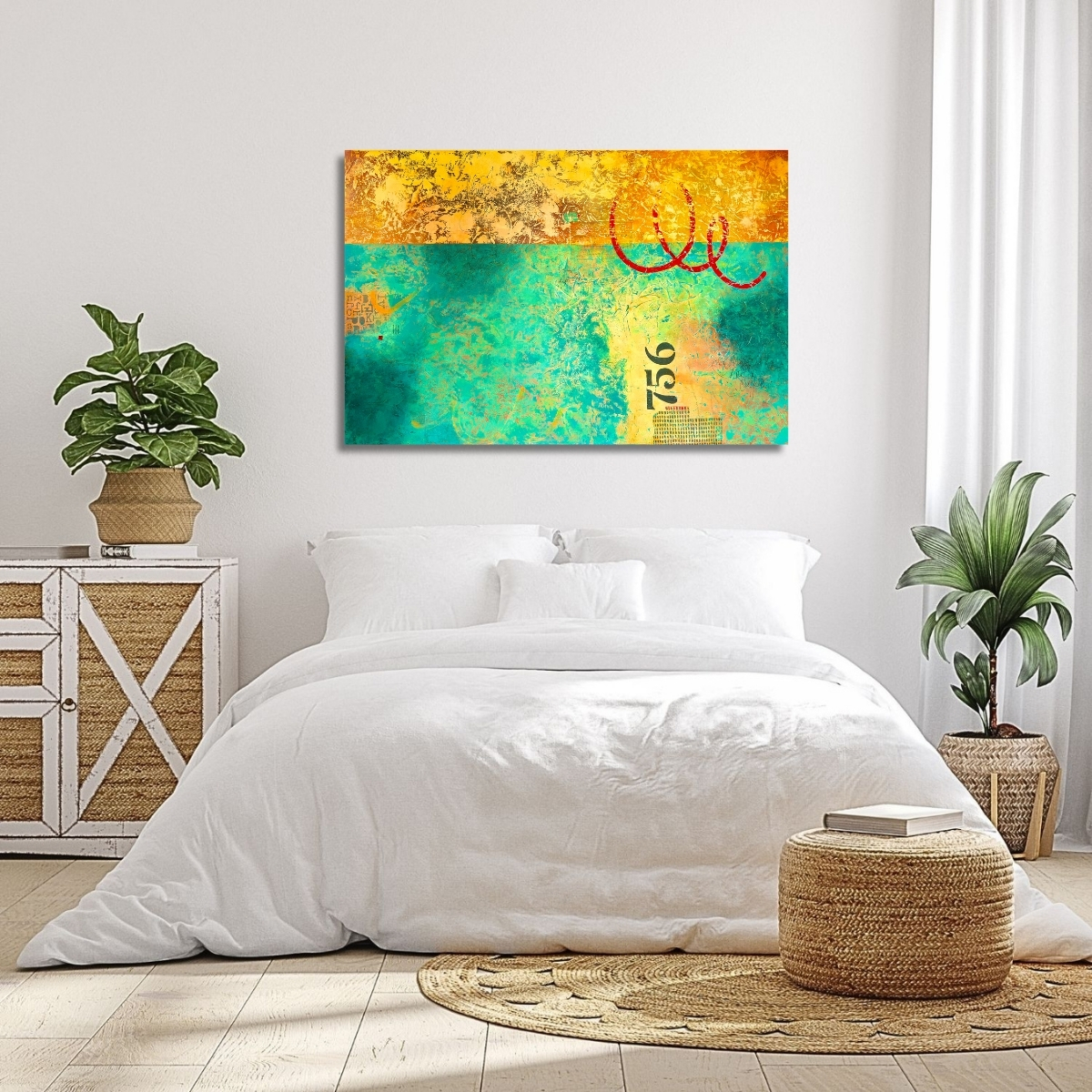 Abstract painting "Insistence" by Isa Dor displayed in a bright bedroom