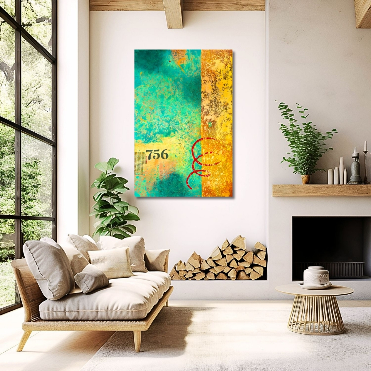 contemporary abstract artwork "Insistence" by Isa Dor displayed in a snug with fireplace