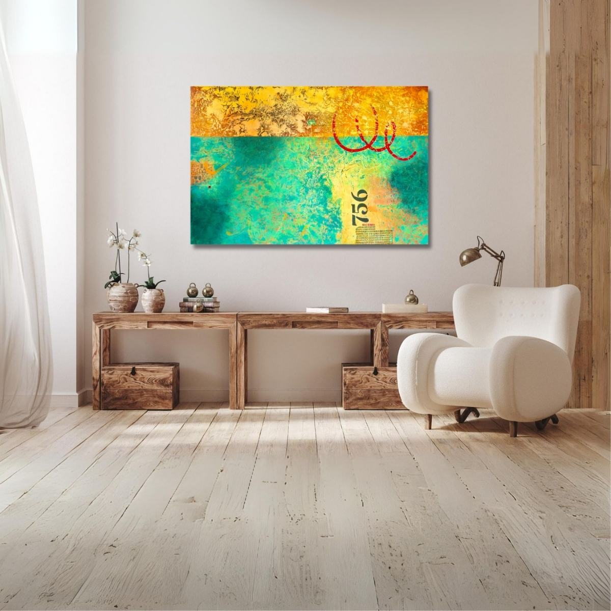 contemporary abstract painting "Insistence" by Isa Dor in a minimalist interior