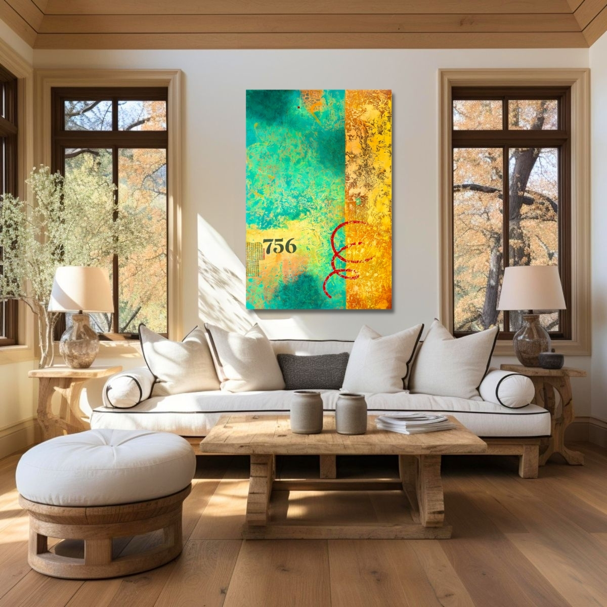 Contemporary abstract painting "Insistence" by Isa Dor displayed in a warm living room
