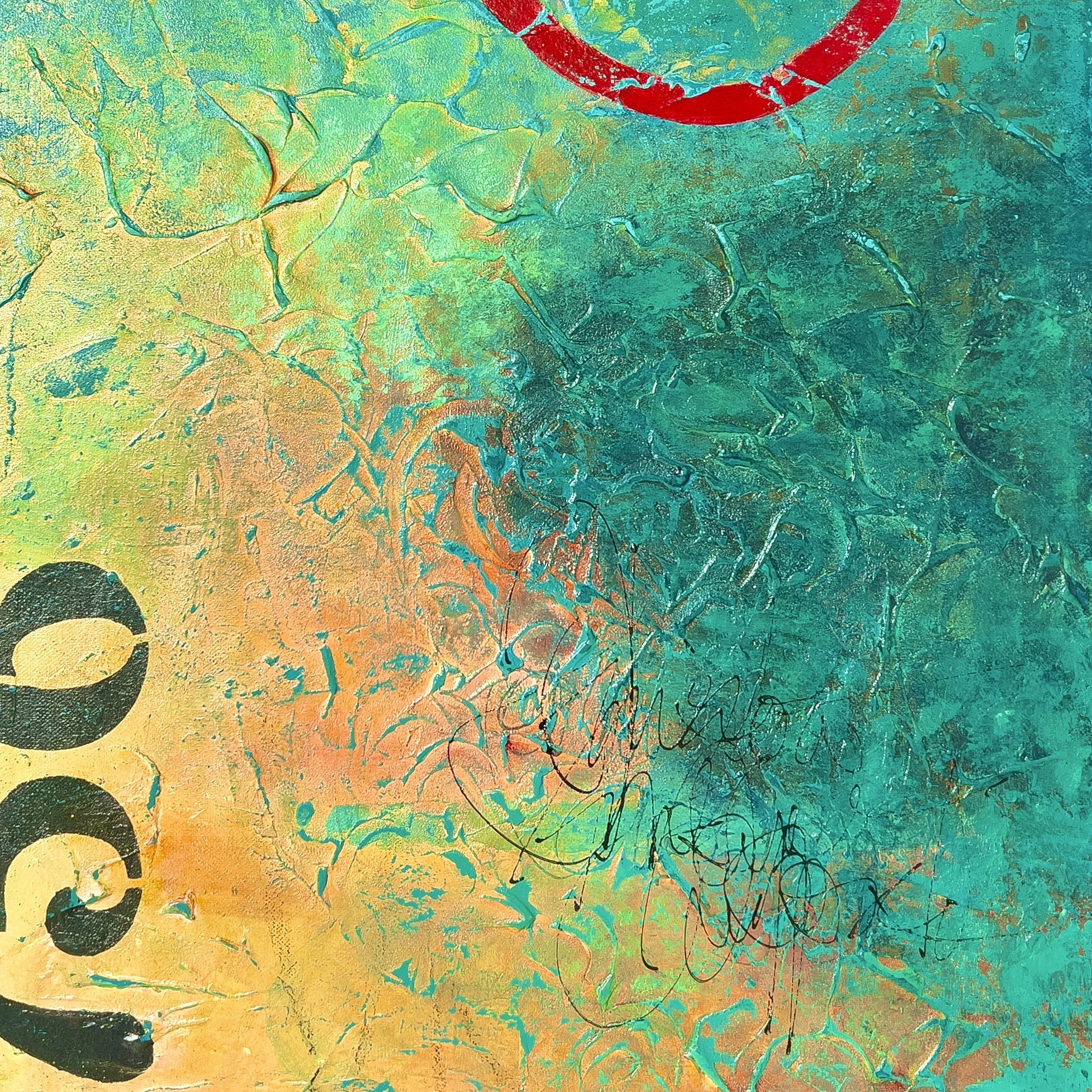 detail of abstract artwork "Insistence" by Isa Dor, showing stenciled number and texture