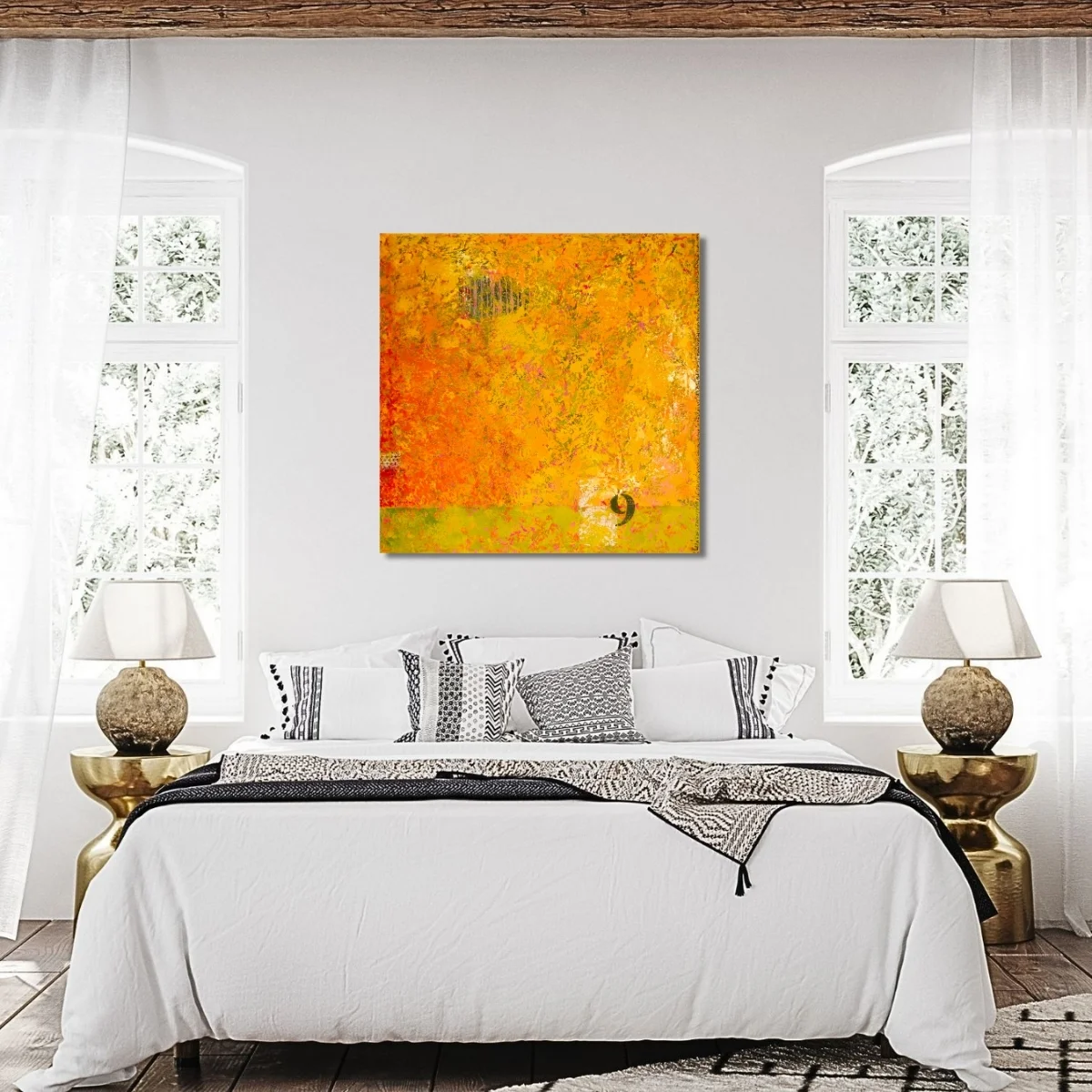Abstract painting "Maturation" by Isa Dor displayed in a bright bedroom