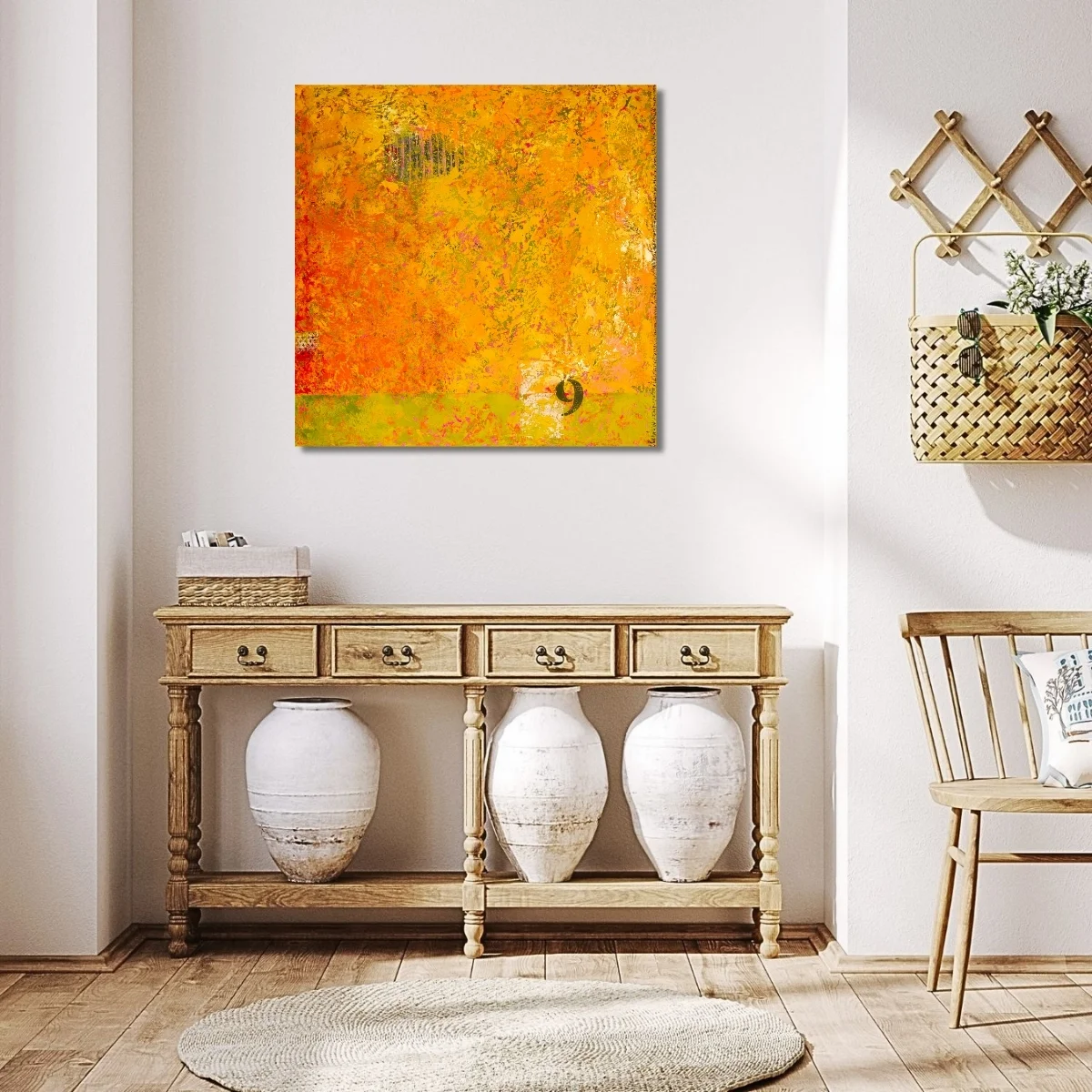 contemporary abstract painting "Maturation" by Isa Dor displayed in a kitchen