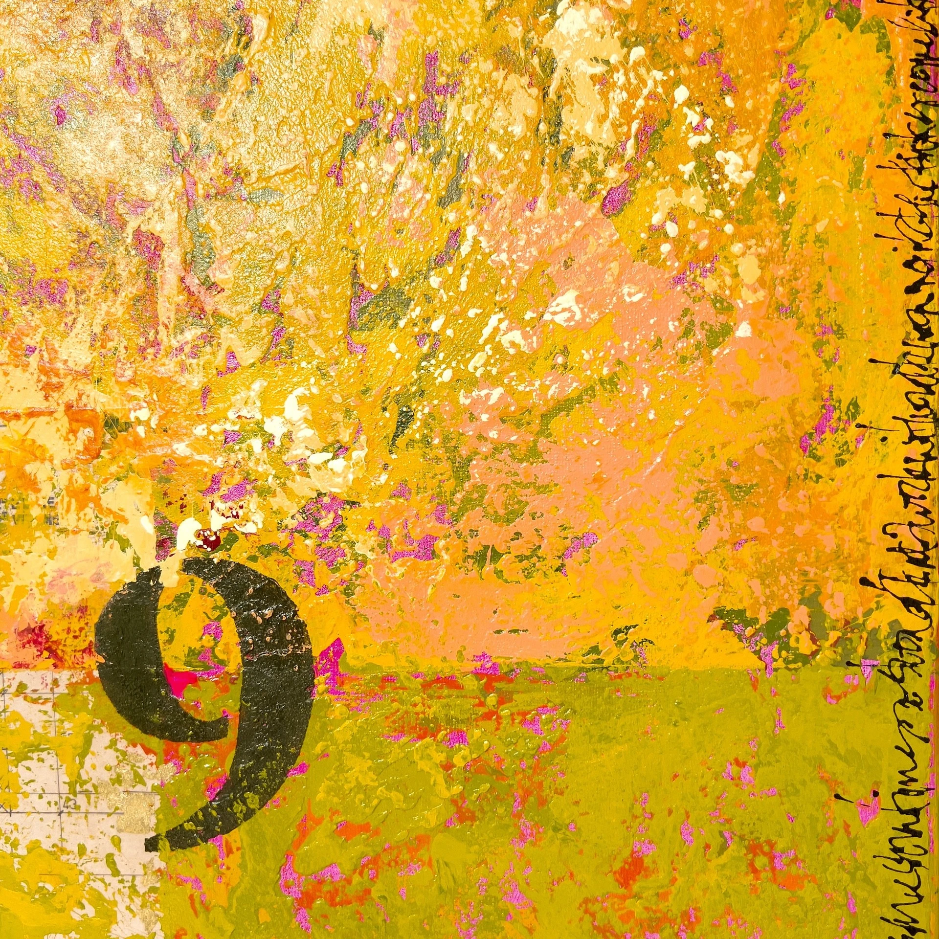 close-up of abstract painting "Ripening" showing number nine and rich textures