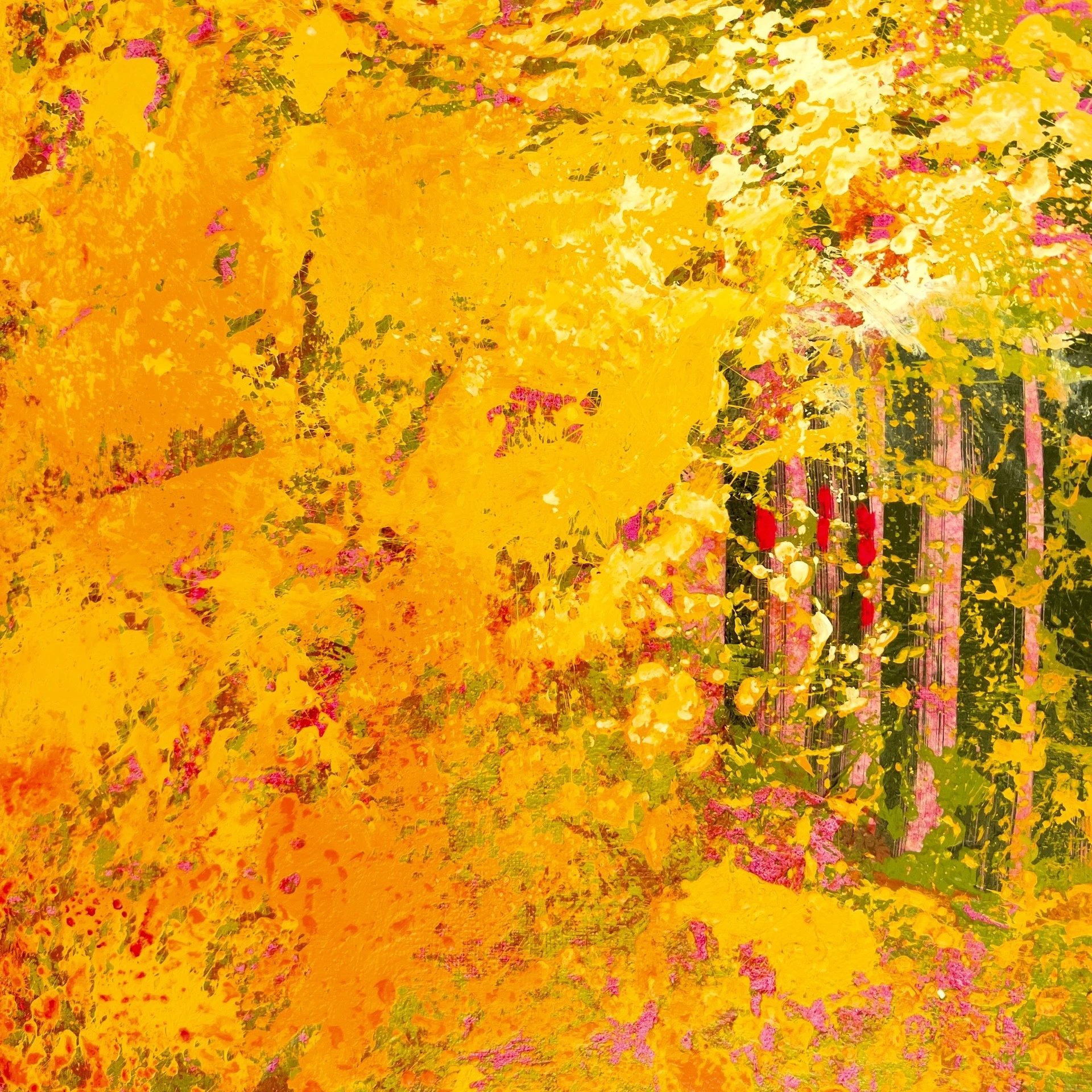 detail of the abstract artwork "Ripening" showing black stripes collage and layered paint