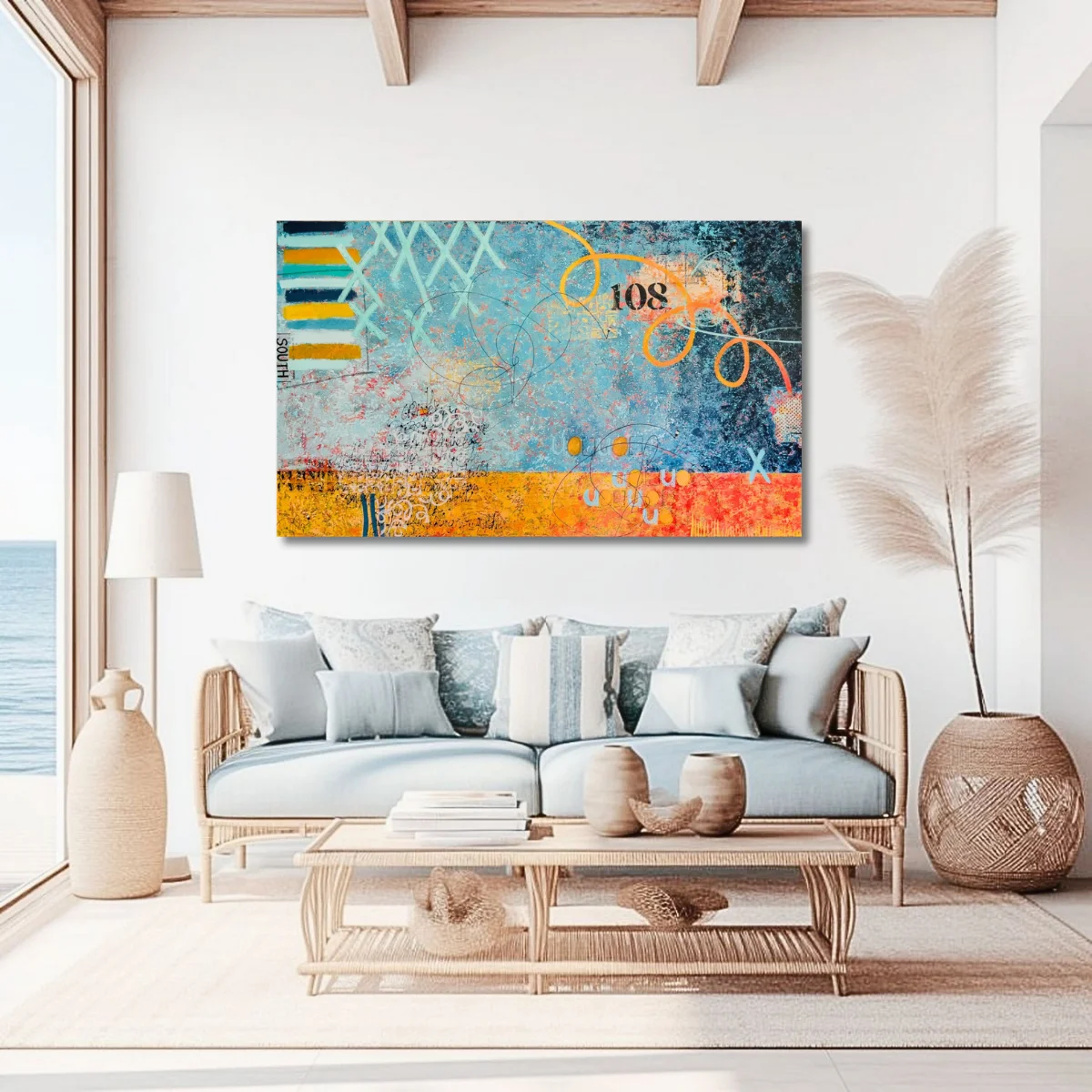 Contemporary abstract artwork "Codex" by Isa Dor in a living room by the sea