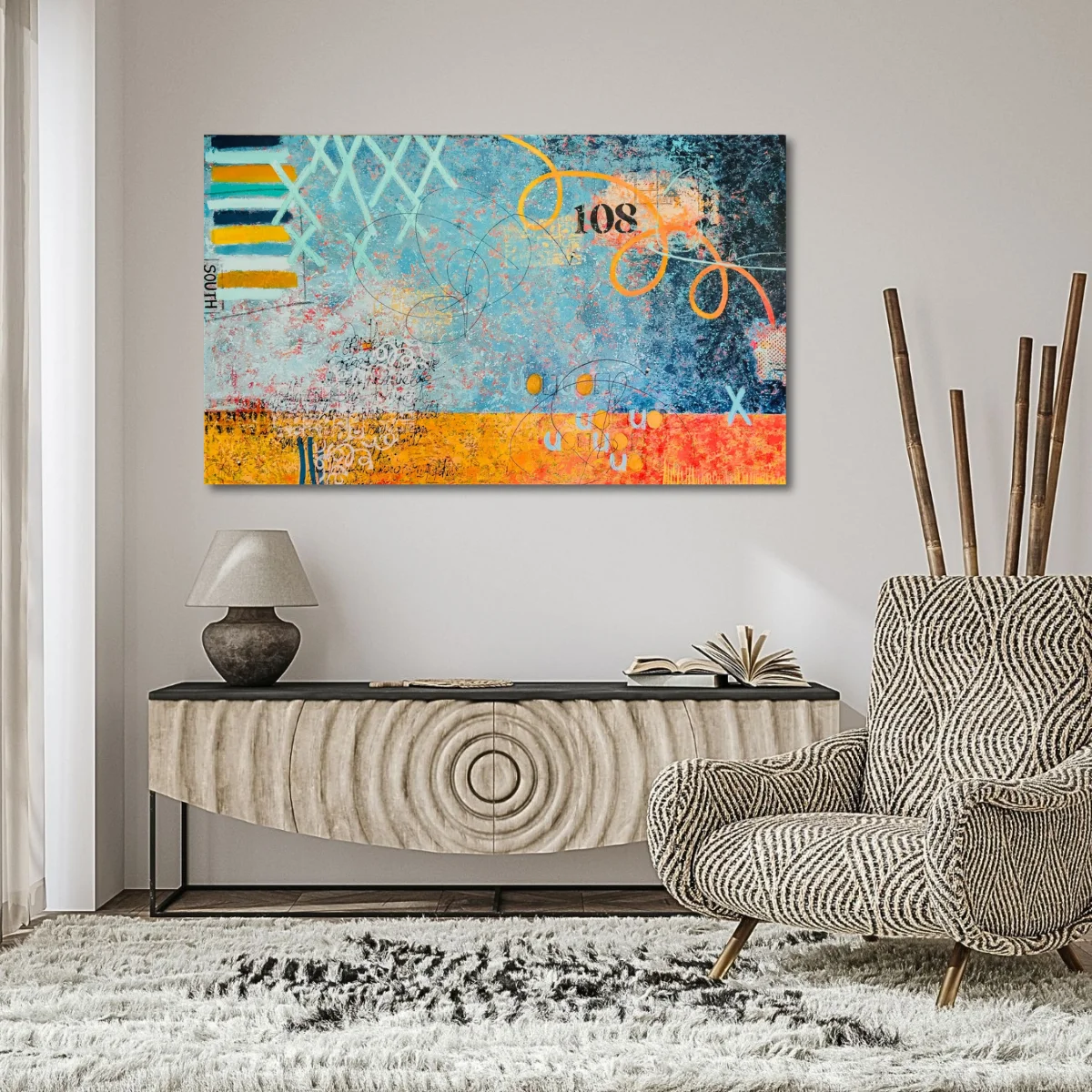 Abstract painting "Codex" by Isa Dor, displayed in an office setting
