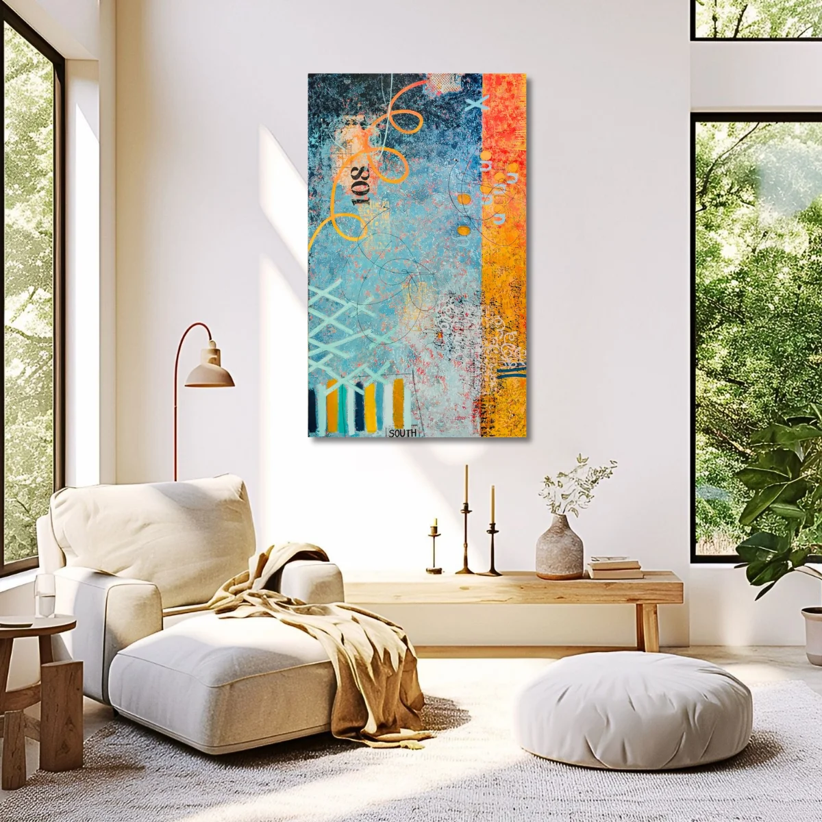 Abtract painting "Codex" by Isa Dor displayed in a cosy bright interior setting