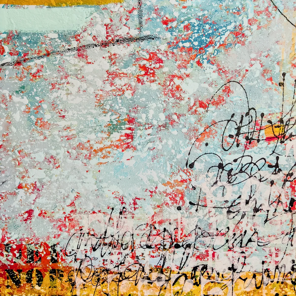 close-up of texture and layered scriptures in the abstract painting "Codex"