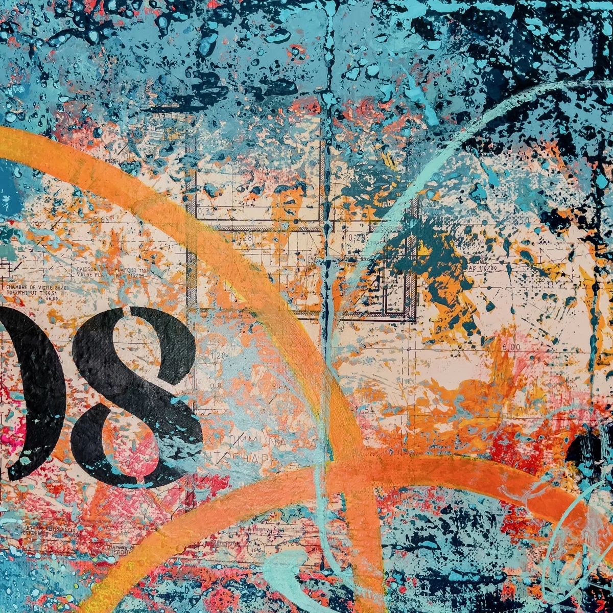 Detail of the collage and marks in the contemporary abstract painting "Codex"
