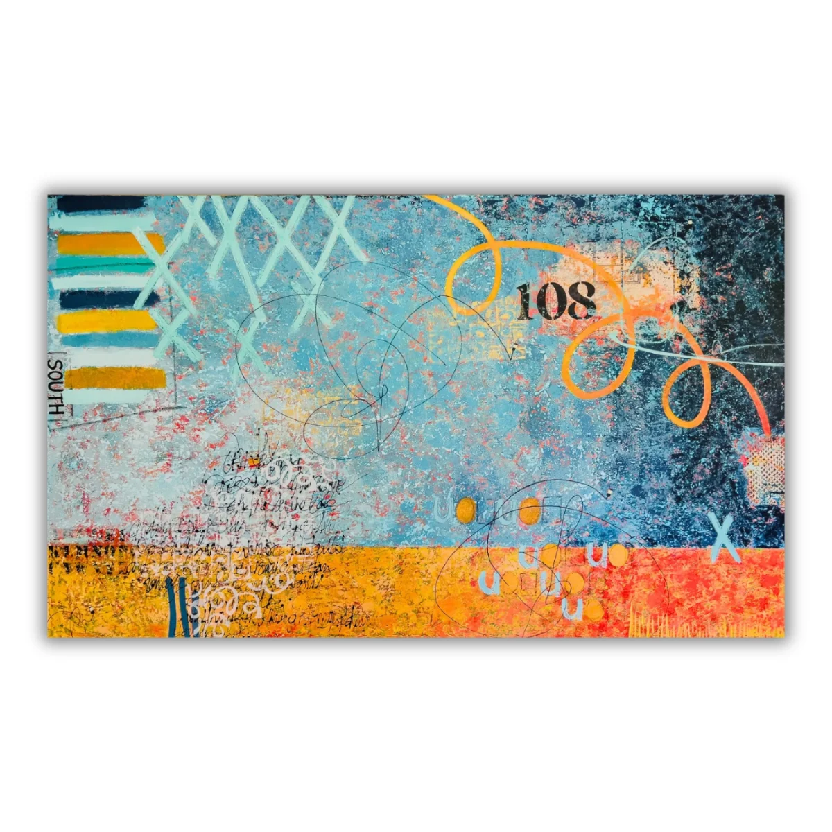 Contemporary abstract artwork "Codex" by Isa Dor, shades of blues and oranges with bold shapes