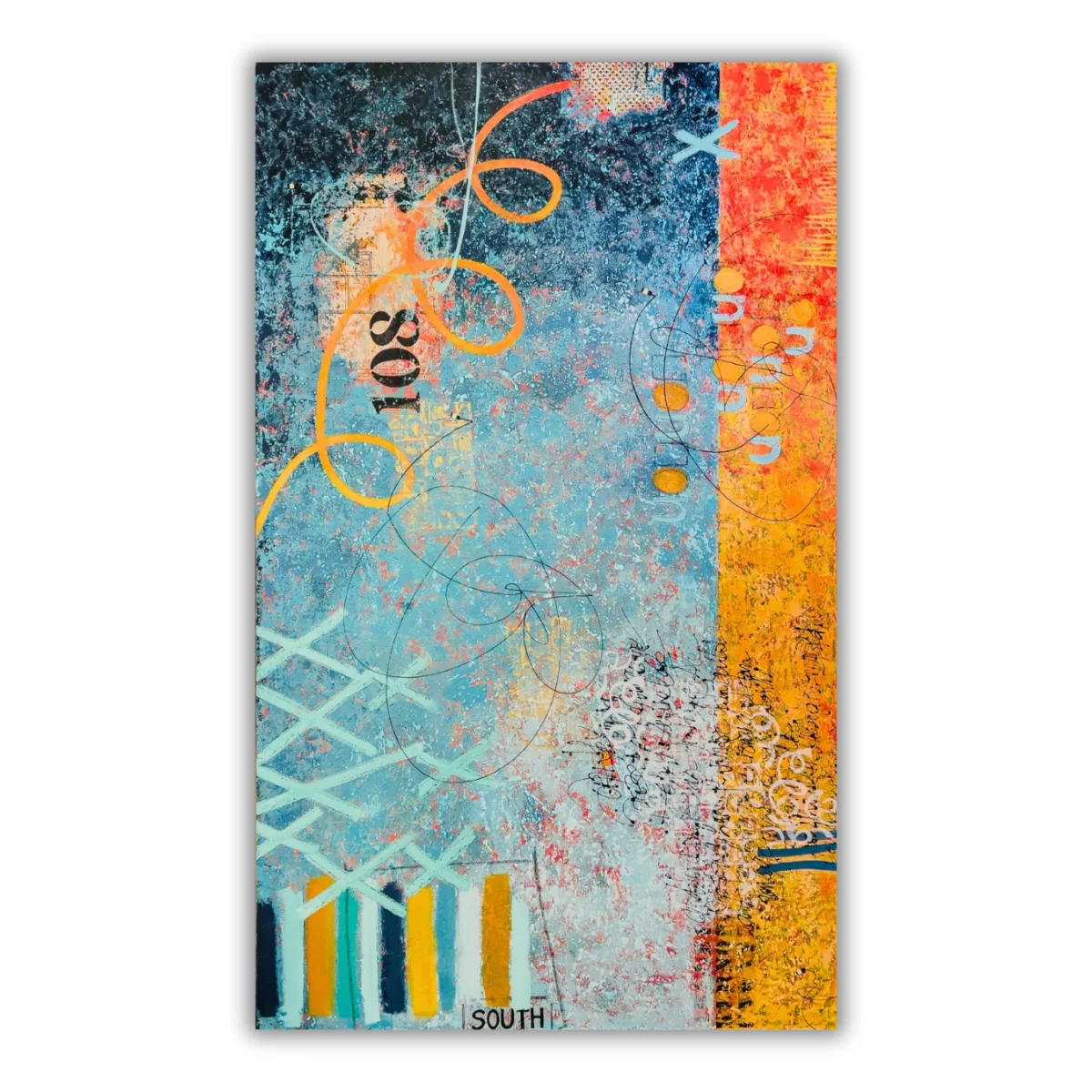 Contemporary abstract painting "Codex" by Isa Dor, pale and dark blues, bright orange